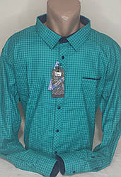 Сорочка чоловіча Mir Taron vd-0003 бірюзово-синя батальна в клітку стрейч коттон Туреччина з довгим рукавом