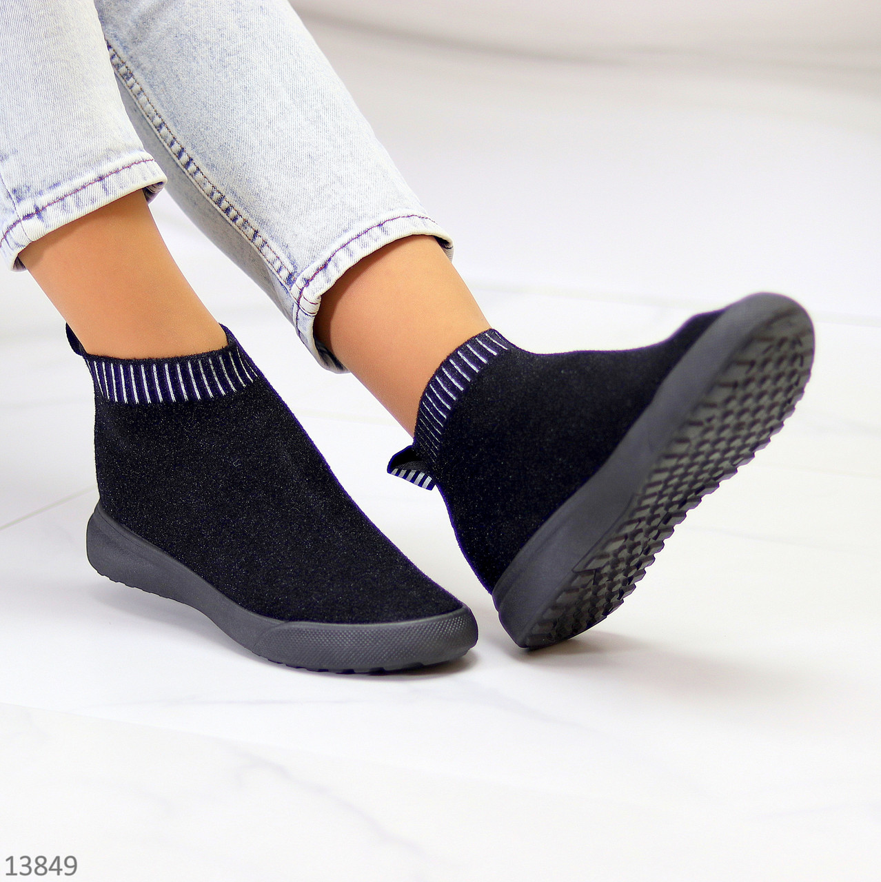 Эластичные легкие текстильные повседневные черные кеды хайтопы (обувь женская)