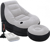 Надувное кресло с пуфом Intex 68564-2 с ручным насосом и подушкой