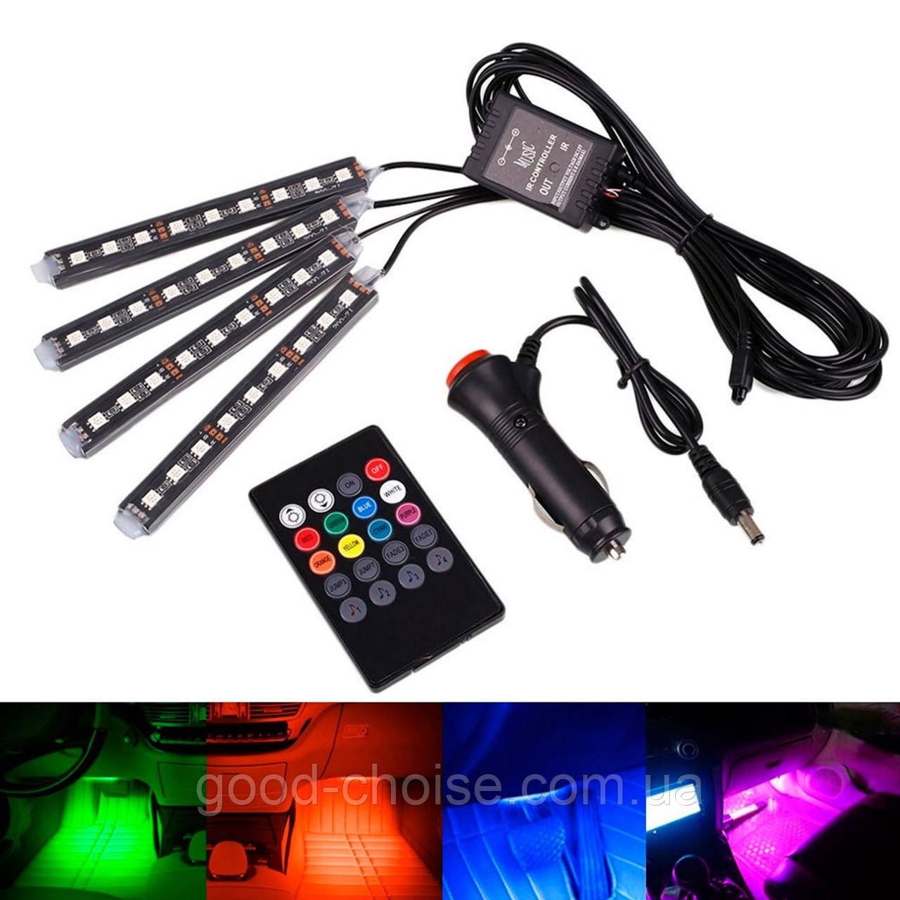 Універсальне автомобільне підсвічування LED HR-01678 зі світломузикою, RGB / Кольорове підсвічування в машину, фото 1