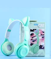Бездротові блютуз-навушники Y-08М з котячими вушками та Led-підсвіткою (м'ятні) Bluetooth 5.0 TF-карта MP3-пл