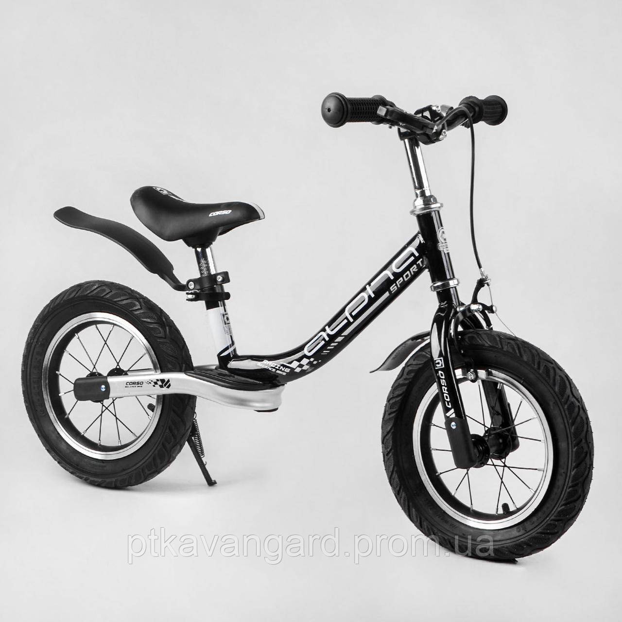 Дитячий велобіг 12'' з ручним гальмом чорний CORSO Alpha Sport, сталева рама, підніжка