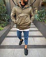 Мужская стильная зимняя куртка на тонком холлофайбере с капюшоном хаки