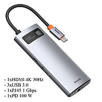 USB Type-C хаб Baseus Metal Gleam 6-in-1 100W 3USB3.0 HDMI Type-C RJ45 Gray (CAHUB-CW0G)