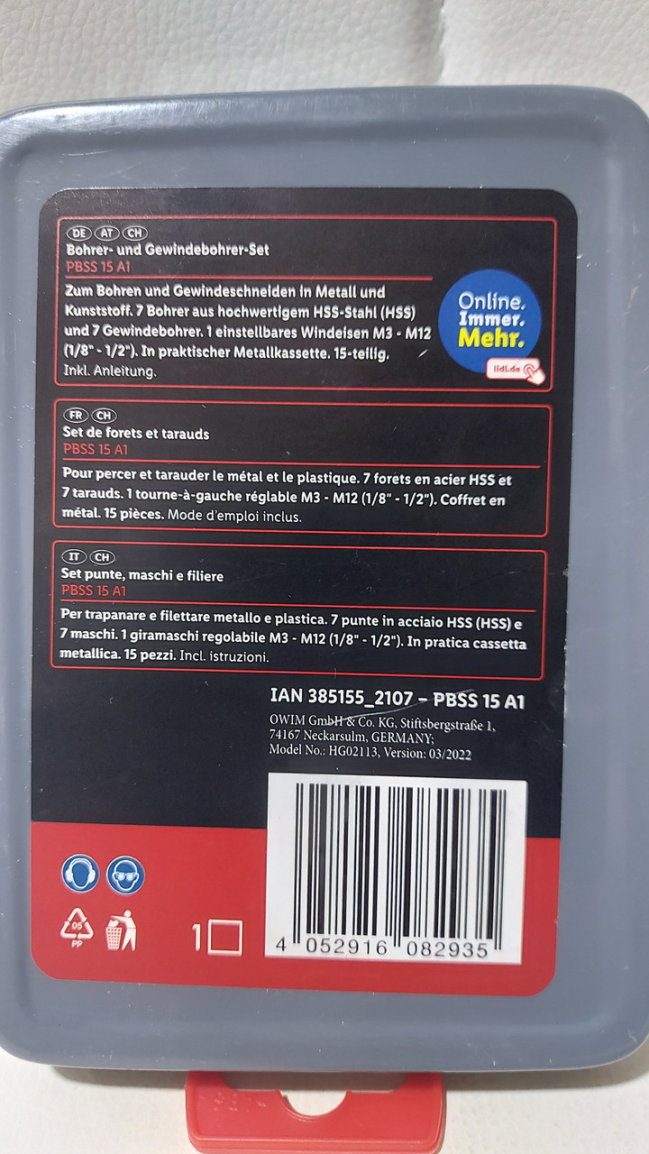 Набор Сверл и Метчиков 15 Шт. в Металлическом Ящике Parkside PBSS 15 A1 —  Купить на BIGL.UA ᐉ Удобная Доставка (1608665943)