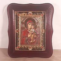 Икона Пресвятая Богородица Киево-братская, лик 10х12 см, в темном деревянном киоте с камнями