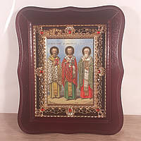 Икона святители Василий Великий, Григорий Богослов и Иоанн Златоуст, лик 10х12 см, в темном киоте с камнями