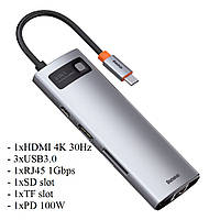 USB Type-C хаб Baseus Metal Gleam 8-in-1 100W 3USB3.0 HDMI Type-C RJ45 TF SD Gray (CAHUB-CV0G)