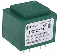 Трансформатор TEZ2.5/D/15-15V 2,5VA Uout=2x15V/0,083A (выводы 6-7, 9-10), Uin=220VAC (выводы 1-5)
