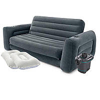 Надувной диван Intex 66552-4, 203 х 224 х 66 см, с электрическим насосом и подушками. Флокированный диван