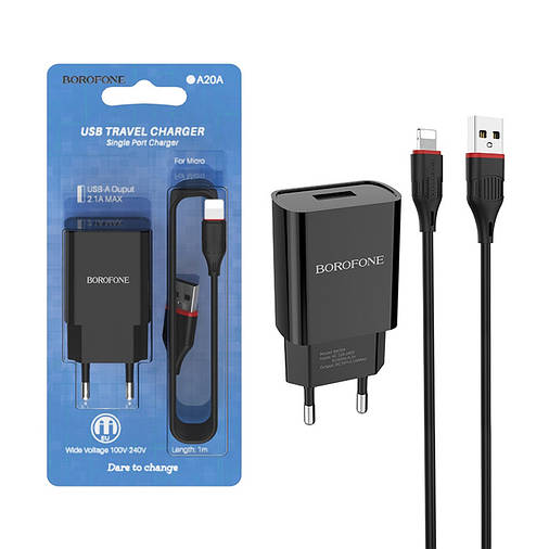 Мережевий зарядний пристрій BOROFONE BA20A 2.1A 1USB + кабель lightning (чорний), фото 2