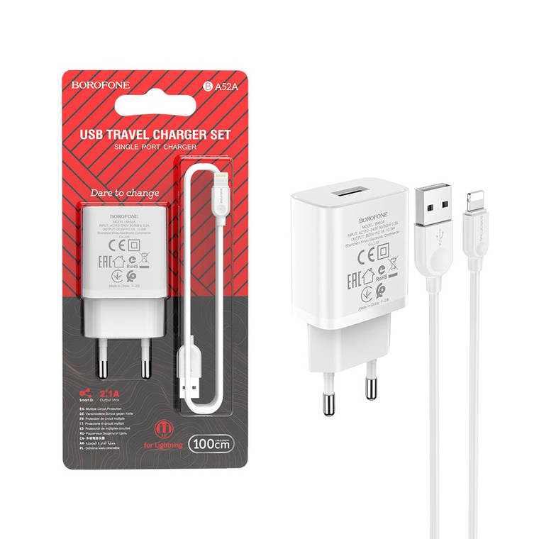 Мережевий зарядний пристрій BOROFONE BA52A 2.1A 1USB + кабель lightning (білий), фото 2