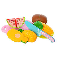 Продукты игрушечные пластиковые Bambi JJL001-2A-1AB-2AB на липучке, овощи/фрукты - 4 шт, досточка, нож Жёлтый