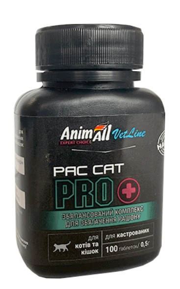 AnimAll VetLine PAC CAT PRO Сбалансований комплекс для котів/кішок та кастрованих 100 таб х 0,5 г, 5560, фото 1