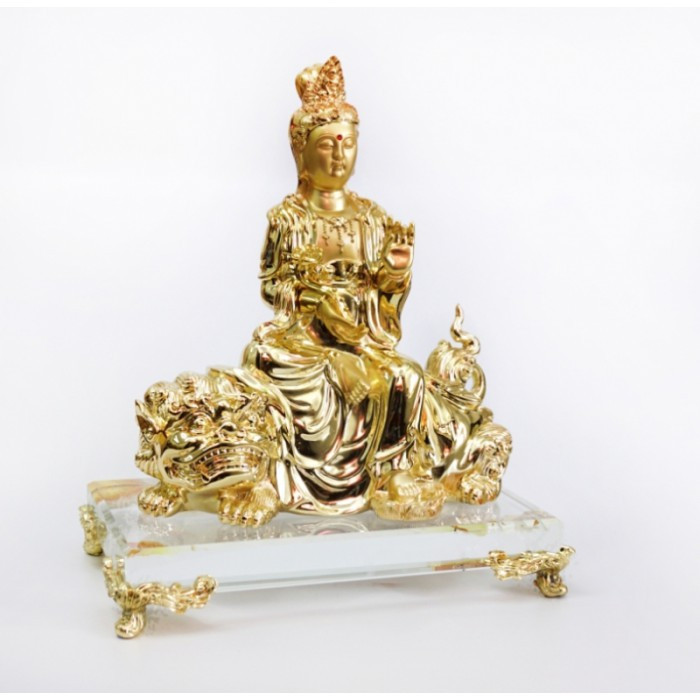 Статуетка Гуань Інь на леві скляна підставка позолота