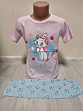 Підліткова піжама для дівчинки Туреччина Кішечка 5-10 років рожева двійка футболка та бриджи