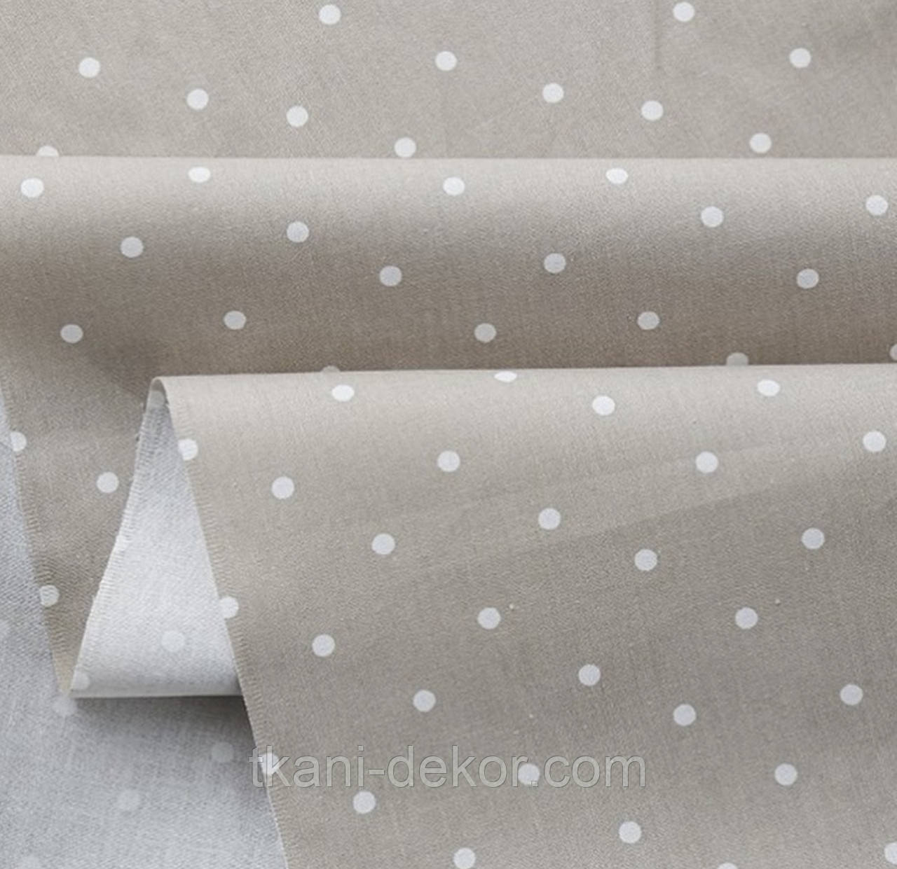 Сатин (бавовняна тканина) горошок на бежеві, фото 1