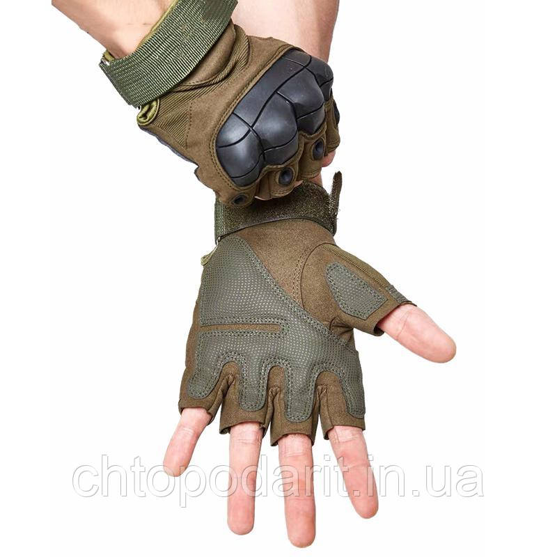 Перчатки чоловічий тактичні військові штурмові шкіряні зелений хаки без пальців код 33-0100