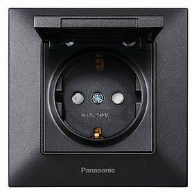 Розетка Panasonic Arkedia Slim с заземлением, с защитными шторками, с крышкой, черная