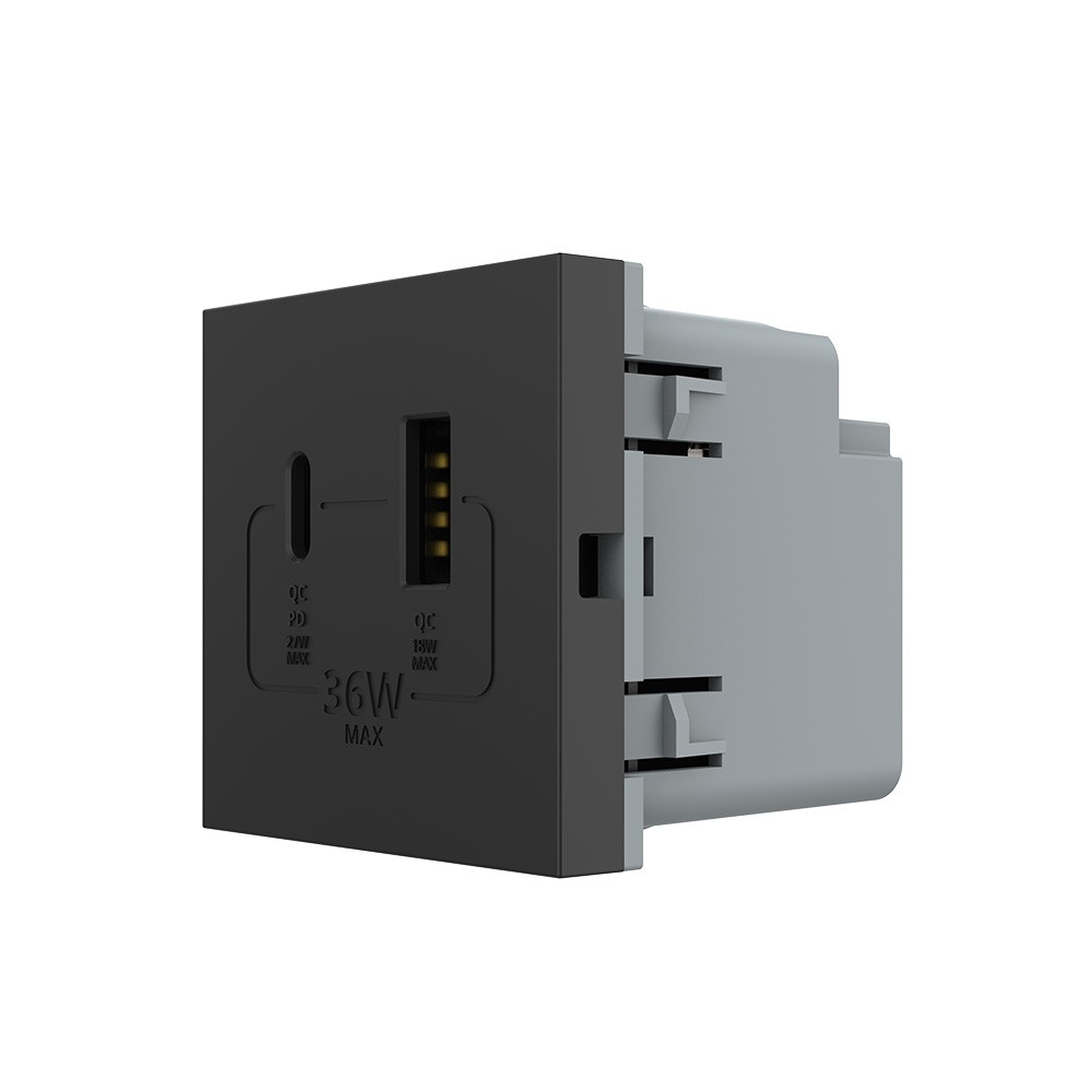 Механізм розетка USB-A і USB-C 36W Livolo чорний (VL-FCUA18W.UC18W-2BP)