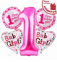 Воздушные шарики "One Birthday" набор - 5 шт, цвет - розовый