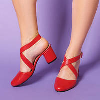 Красные Босоножки с ремешком классические на каблуке 6 см из натуральной кожи размер 36-41