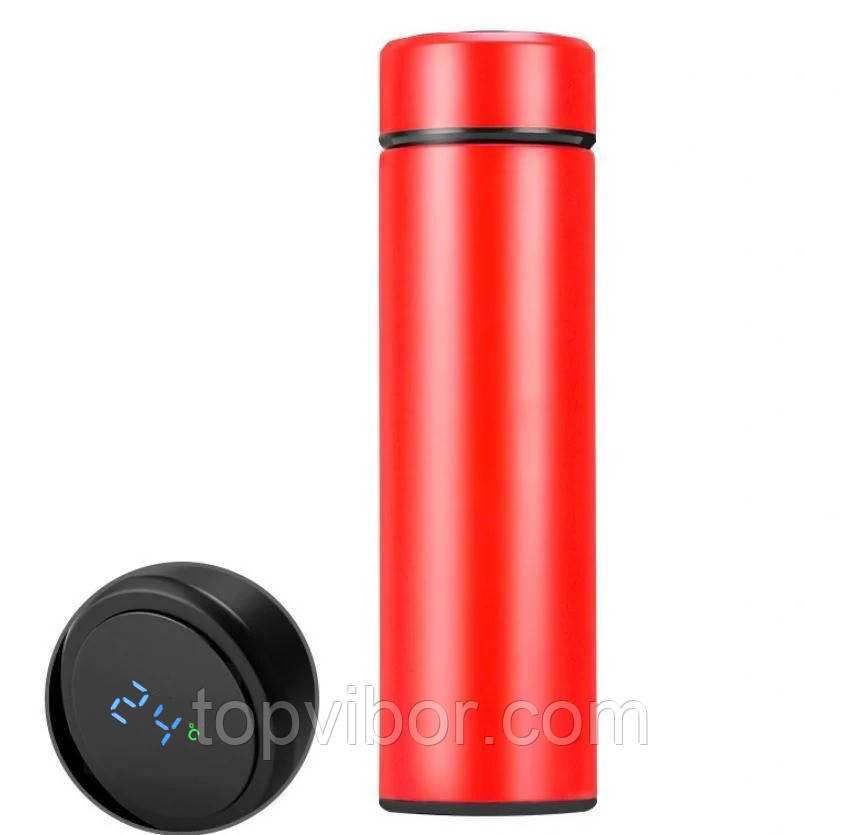 Термос з термометром (червоний) з дисплеєм 0.5 л, металевий (з нержавіючої сталі)