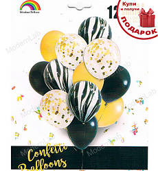 Повітряні кульки "Set", набір - 12 шт., агат, чорний, жовтий, прозорий + конфетті