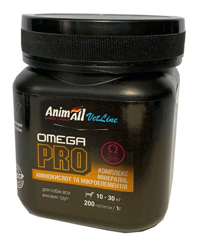 AnimAll VetLine Omega PRO Профілактика брак вітамінів для середніх порід собак 200 таб х 1 г, 139885