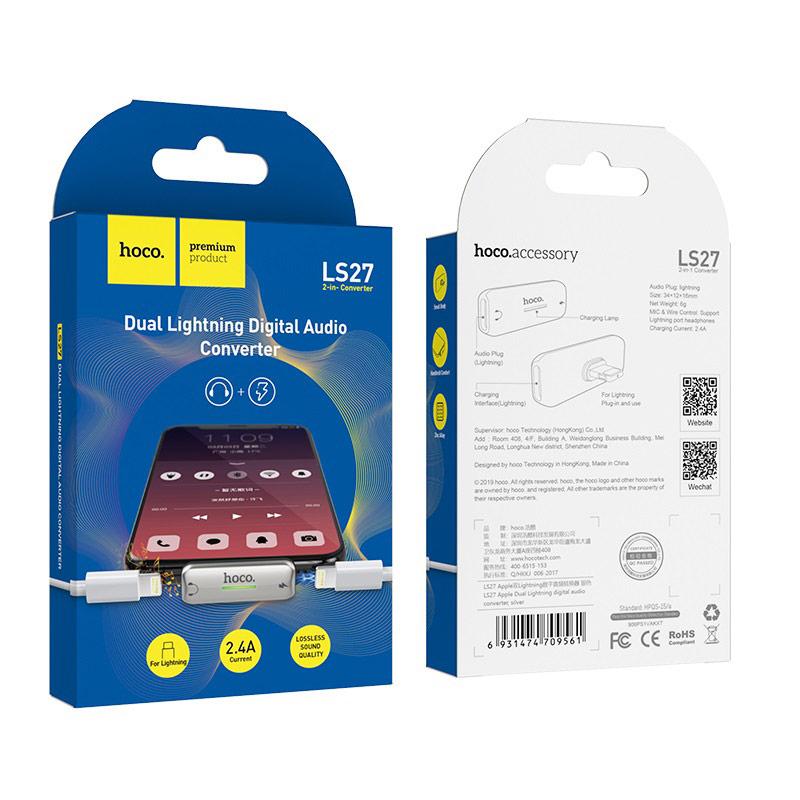 Перехідник Hoco LS27 Lightning - Lightning Power - Lightning Audio Gray