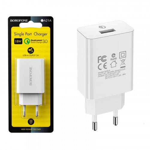 Сетевое зарядное устройство BOROFONE BA21A 3A 18W 1USB QC 3.0 (белое), фото 2