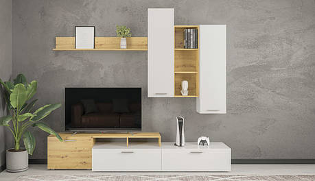 Меблі для вітальні в сучасному стилі , стінка Лора Світ меблів, колір білий /дуб золотий, фото 2