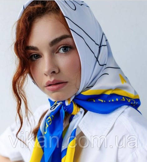 Хустка жіноча шовкова на голову з українською символікою. Хустка на голову шовкова, фото 1