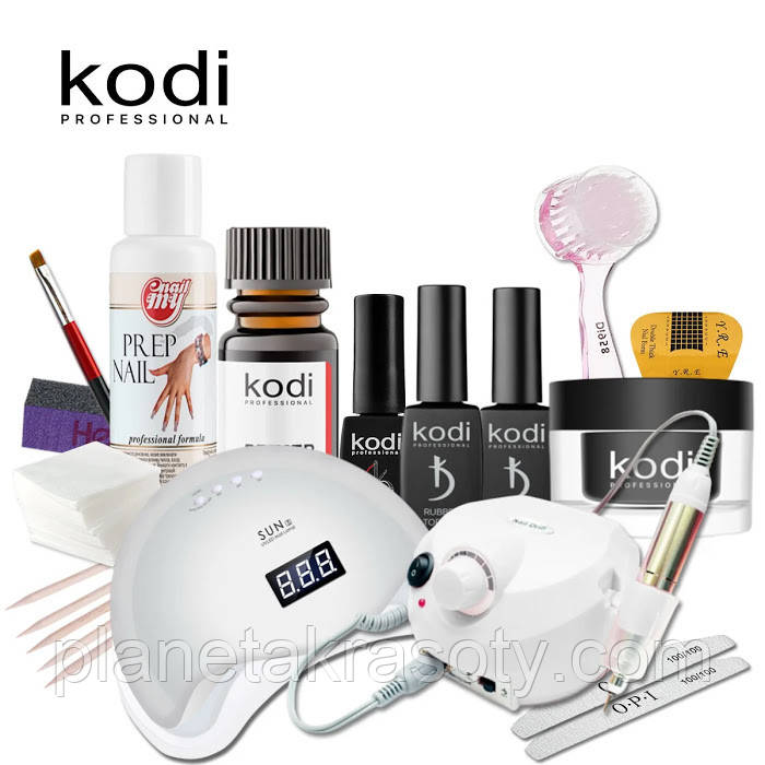 Набір для нарощування нігтів, з гелем Kodi з UV-LED лампою SUN 5+ 48 Вт і фрезерують 65 Вт, фото 1