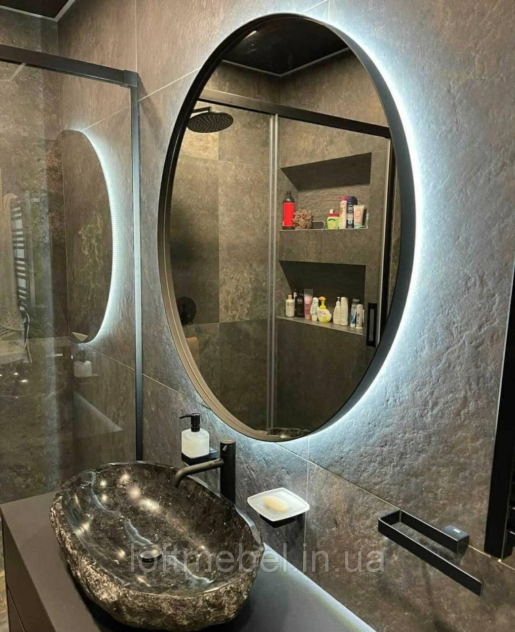 Кругле дзеркало в металевій рамі з фоновою лед підсвіткою, фото 1