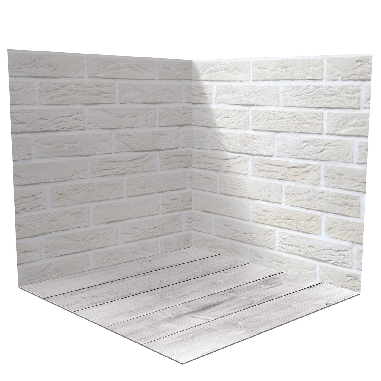 Вініловий фон 3D кутовий, біла цегляна стіна, підлога вибілена дошка і світлий бетон, 50×50 см, №58035, фото 1