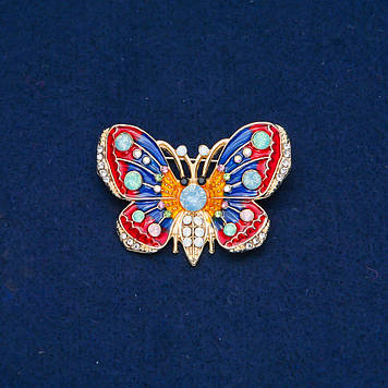 Брошь Метелик золотистий метал, емаль та білі, блакитні, салатові, рожеві стрази 30х45мм+-