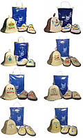 Подарочные Наборы для бани и сауны мужские (парео синее, тапочки, шапочка) в упаковке