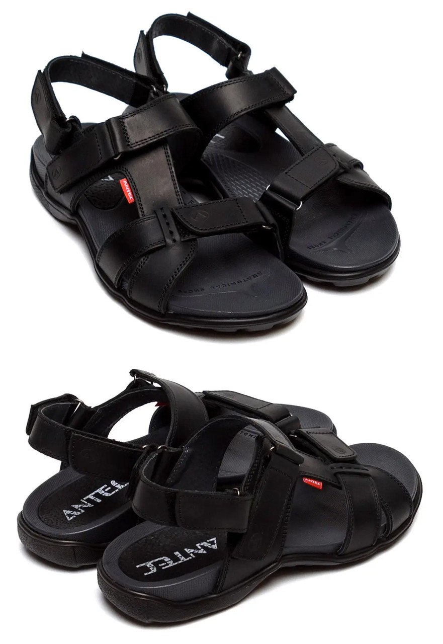 Чоловічі літні шкіряні босоніжки Antec Black. Чоловічі шкіряні схили, босоніжки чорні, чоловіче взуття, фото 1
