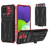 Протиударний чохол для Samsung Galaxy M22 чорно-червоний з підставкою і слотом для карток