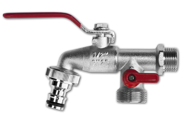 Кран кульовий РЗ 1/2" з адаптером під конектор 
та додатковим виходом, латунний нікельований, GKK0512