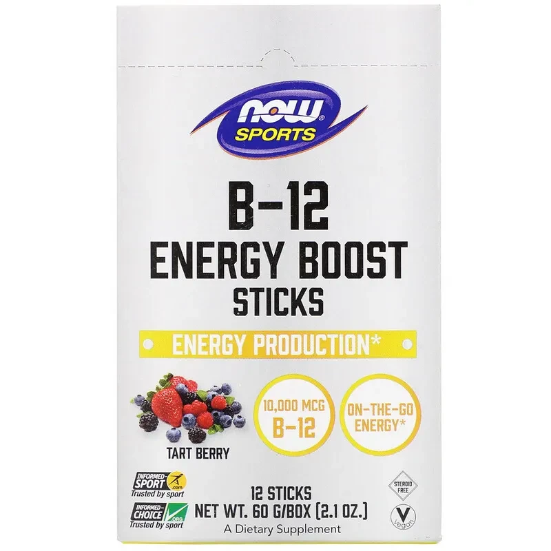 B-12 Energy Boost Sticks Tart Berry 10,000 мкг Now Foods 12 пакетів, фото 1