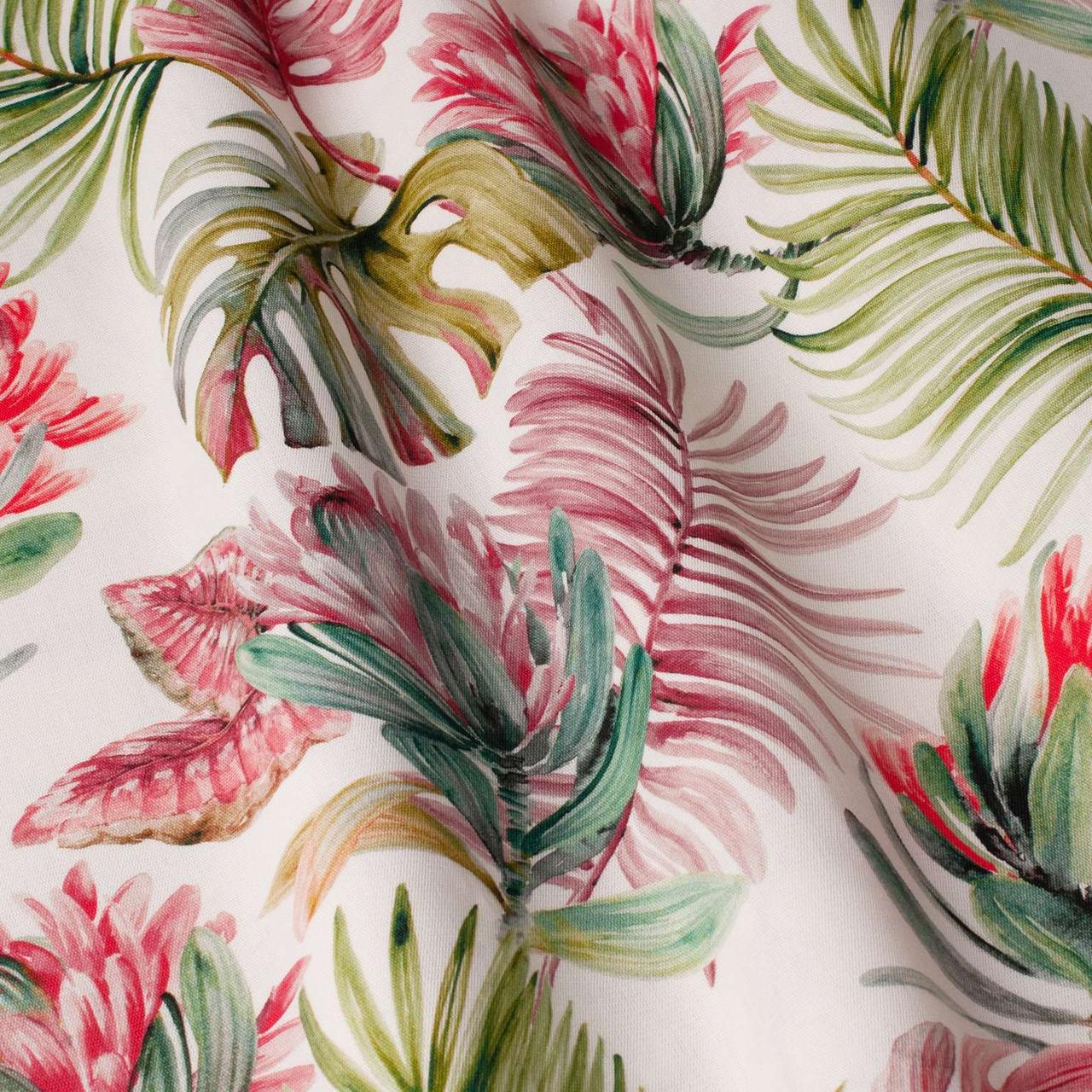 Вулична тканина дралон зелене тропічне листя з червоною квіткою Іспанія 147см 88266v2, фото 1
