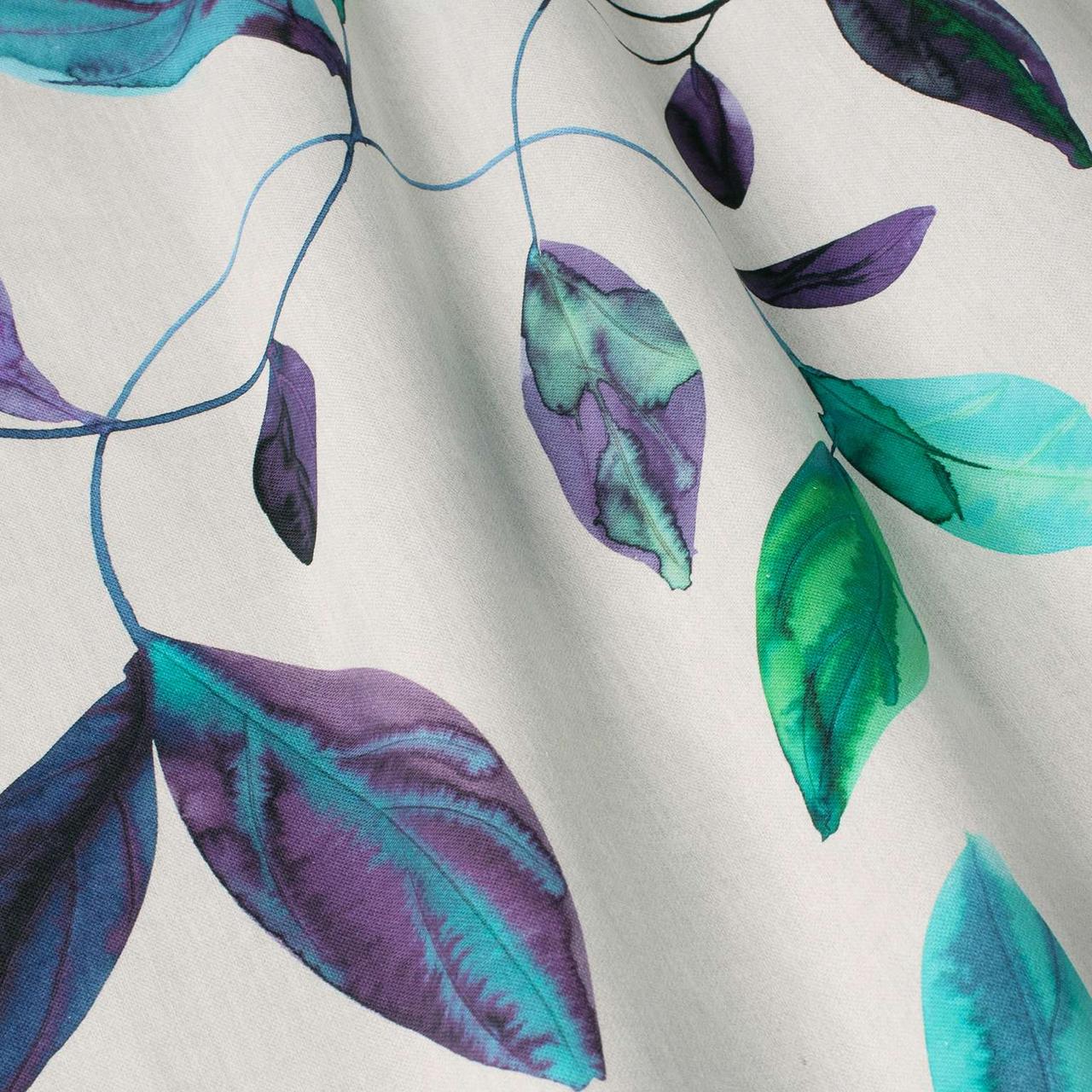 Декоративні тканини листя фіолетові та бірюзові на білому тлі Іспанія бавовна 280см 88262v9, фото 1