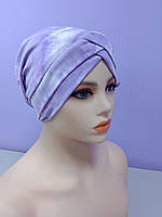 Удобная шапка чалма 54-58 рр женская бело фиолетовая мраморная трикотажная после химиотерапии или на пляж