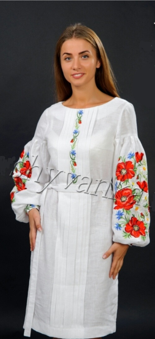 Льняное вышитое платье Маки белое 50 р - фото 3 - id-p1610696461