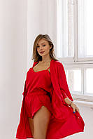 Женский шелковый комплект халат шорты и майка L-XL  красный