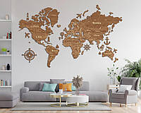 Деревянная карта мира однослойная 2D «Standart» - Светлый орех