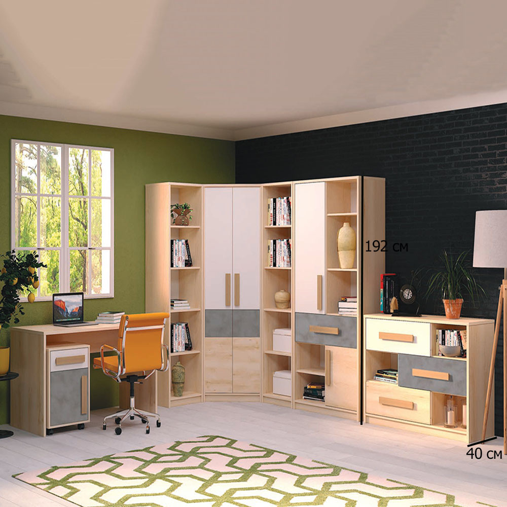 Комплект меблів для підлітка у скандинавському стилі Сокме Айго 192 см бук пісочний з фасадами білий і пельтро