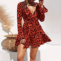 Сукня жіноча літня пляжна для вечірок з довгим рукавом шифонова леопард, червоний колір, розмір M